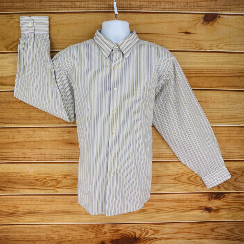 Chaps Dress Shirt Classic Fit Wrinkle Free Mens Size 17/17.5x34/35 Beige Striped